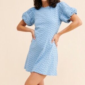Free People womans Blue Puff Sleeve Eyelet Mini Dress size XS